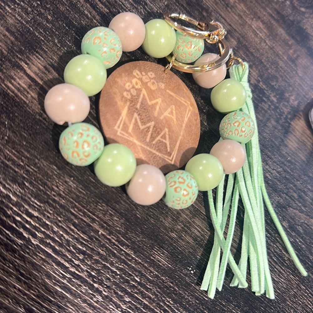 Mama Wooden Beaded Bracelet Keychain with Tassel & Wooden Charm Light Green